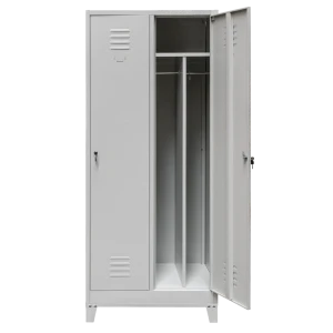 Szafka ubraniowa BHP Mega-M J-80 na podstawie z nóżkami  2 drzwiowa z przegrodami szara S-80 cm G-50 cm H-190 cm skręcana N