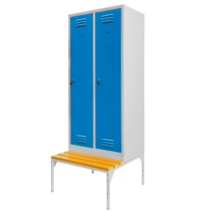 Szafka ubraniowa BHP Mega-M J-60 na podstawie z ławeczką 2 drzwiowa szara/ niebieski front  S-60 cm G-80 cm H-223 cm skręcana N