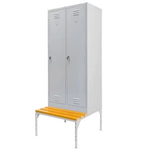 Szafka ubraniowa BHP Mega-M J-80 na podstawie z ławeczką 2 drzwiowa szara S-80 cm G-80 cm H-223 cm skręcana N