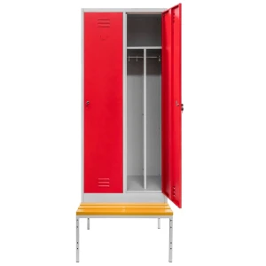 Szafka ubraniowa BHP Mega-M J-80 na podstawie z ławeczką 2 drzwiowa z przegrodami szara/ czerwony front S-80 cm G-80 cm H-223 cm skręcana N