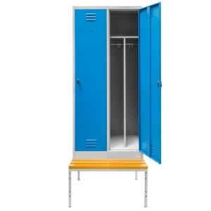 Szafka ubraniowa BHP Mega-M J-80 na podstawie z ławeczką 2 drzwiowa z przegrodami szara/ niebieski front S-80 cm G-80 cm H-223 cm skręcana N
