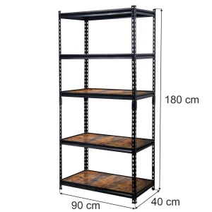 Regał magazynowy Mega-M Pro Loft H-180 cm L-90 cm G-40 cm 5 półek z MDF 6,2 mm okleina drewno  (275kg) czarny N