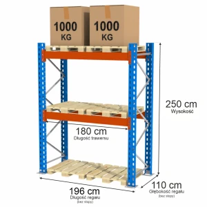 Regał Mega-M XR H-250 cm G-110 cm trawers L-180 cm 12x5 6 mp x max 2000 kg (moduł bazowy rama w elementach 2p) N