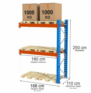Regał Mega-M XR H-250cm G-110 cm trawers L-180 cm 12x5 6 mp x max 2000 kg (moduł dostawny rama w elementach 2p) N
