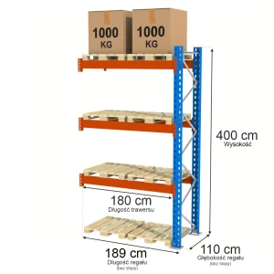 Regał Mega-M XR H-400 cm G-110 cm trawers L-180 cm 12x5 8 mp x max 2000 kg (moduł dostawny rama w elementach 3p) N