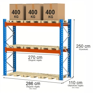 Regał Mega-M XR H-250 cm G-110 cm trawers L-270 cm 12x5 9 mp x max 1200 kg (moduł bazowy rama w elementach 2p) N