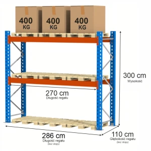 Regał Mega-M XR H-300 cm G-110 cm trawers L-270 cm 12x5 9 mp x max 1200 kg (moduł bazowy rama w elementach 2p) N