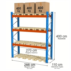 Regał Mega-M XR H-400 cm G-110 cm trawers L-270 cm 12x5 12 mp x max 1200 kg (moduł bazowy rama w elementach 3p) N