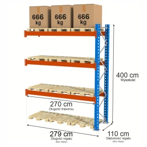Regał Mega-M XR H-400 cm G-110 cm trawers L-270 cm 14x5 12 mp x max2000 kg (moduł dostawny rama w elementach 3p) N