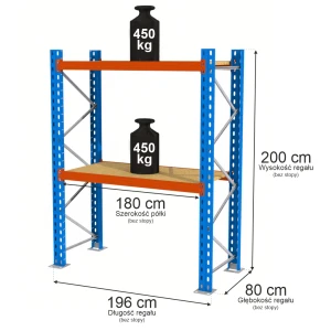 Regał Mega-M XR 2-półkowy H-200 cm G-80 cm trawers schodkowy L-180 cm 6x4 max 500 kg na półkę (moduł bazowy rama w elementach) N