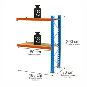 Regał Mega-M XR 2-półkowy H-200 cm G-80cm trawers schodkowy L-180 cm 6x4 max 500 kg na półkę (moduł dostawny rama w elementach) N