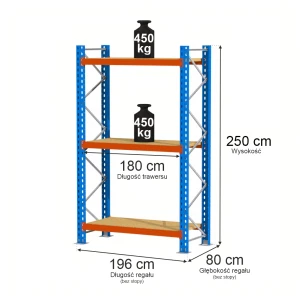 Regał Mega-M XR 3-półkowy H-250 cm G-80 cm trawers schodkowy L-180 cm 6x4 max 500 kg na półkę (moduł bazowy rama w elementach) N