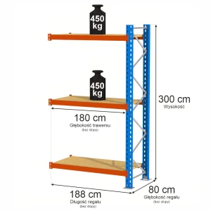 Regał Mega-M XR 3-półkowy H-300 cm G-80cm trawers schodkowy L-180 cm 6x4 max 500 kg na półkę (moduł dostawny rama w elementach) N
