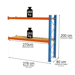 Regał Mega-M XR 2-półkowy H-200 cm G-80cm trawers schodkowy L-270 cm 8x5 max 250 kg na półkę (moduł dostawny rama w elementach) N