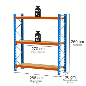 Regał Mega-M XR 3-półkowy H-250 cm G-80 cm trawers schodkowy L-270 cm 8x5 max 250 kg na półkę (moduł bazowy rama w elementach) N