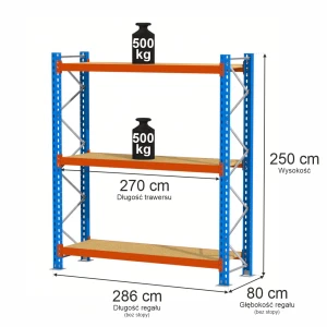 Regał Mega-M XR 3-półkowy H-250 cm G-80 cm trawers schodkowy L-270 cm 11x5 max 800 kg na półkę (moduł bazowy rama w elementach) N