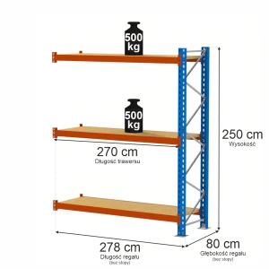 Regał Mega-M XR 3-półkowy H-250 cm G-80cm trawers schodkowy L-270 cm 11x5 max 800 kg na półkę (moduł dostawny rama w elementach) N