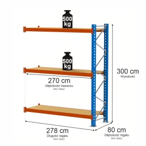 Regał Mega-M XR 3-półkowy H-300 cm G-80cm trawers schodkowy L-270 cm 11x5 max 800 kg na półkę (moduł dostawny rama w elementach) N