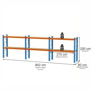 Regał Mega-M XR 2-półkowy H-200 cm G-80cm trawers schodkowy L-270 cm 8x5 max 250 kg na półkę (3 moduły) N