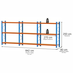 Regał Mega-M XR 3-półkowy H-250 cm G-80 cm trawers schodkowy L-270 cm 8x5 max 500 kg na półkę (3 moduły) N