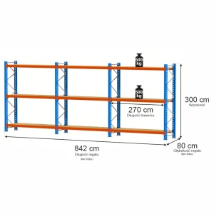 Regał Mega-M XR 3-półkowy H-300 cm G-80 cm trawers schodkowy L-270 cm 11x5 max 800 kg na półkę (3 moduły) N
