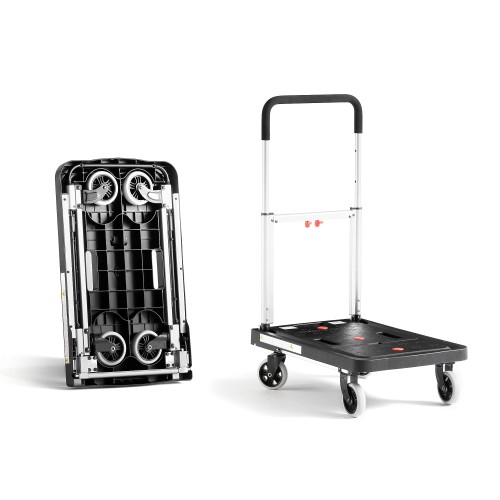 Składany wózek platformowy ROCKET 150 kg – mobilny wózek magazynowy 410x680 mm