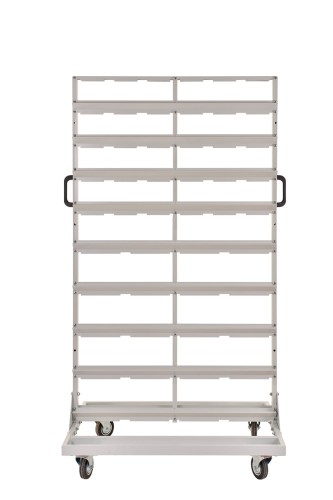 Regał warsztatowy garażowy z pojemnikami 92 sztuki jezdny dwustronny Darlog rozmiar pojemnika 225 x 145 x 110 mm